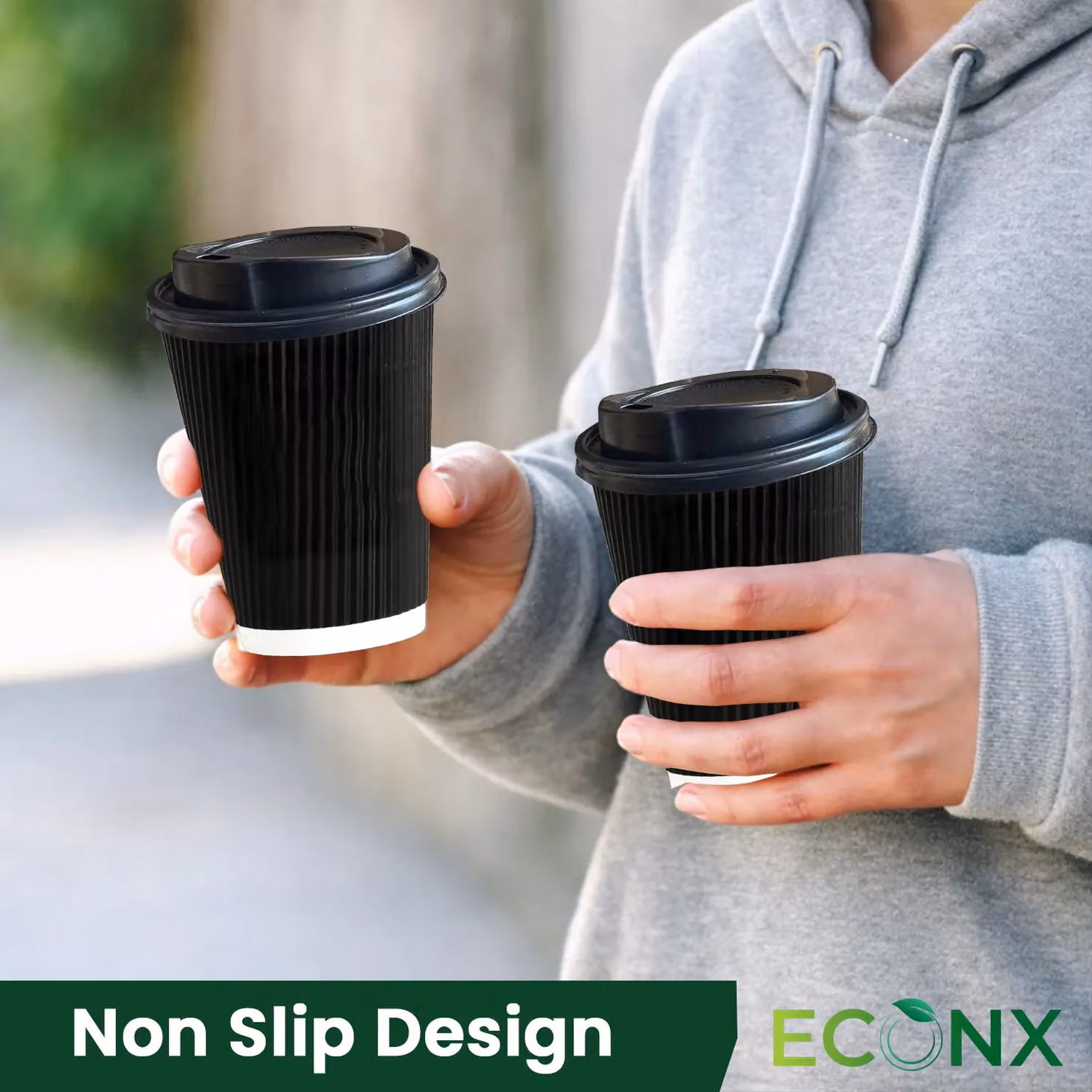 ECONX 250 Disposable 12oz Paper Coffee Cups with Lids, Triple Walled Insulated Ripple Design for Hot and Cold Drinks, Black – 13