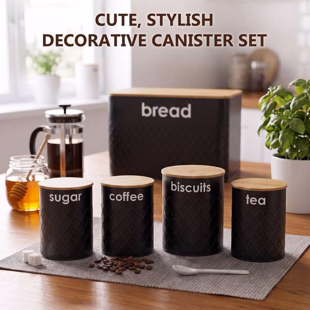 Crystals 5-Piece Kitchen Storage Canister Set with Bamboo Lids in Black – 7