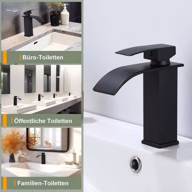 Kelvenix Modern Matt Black Square Waterfall Bathroom Mono Basin Mixer Tap – 1