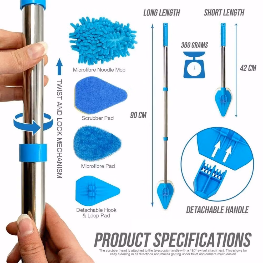 VOGREX Blue Bathroom Mop and Shower Screen Cleaning Kit with Refillable Microfibre Head and Stainless Steel Components – 2