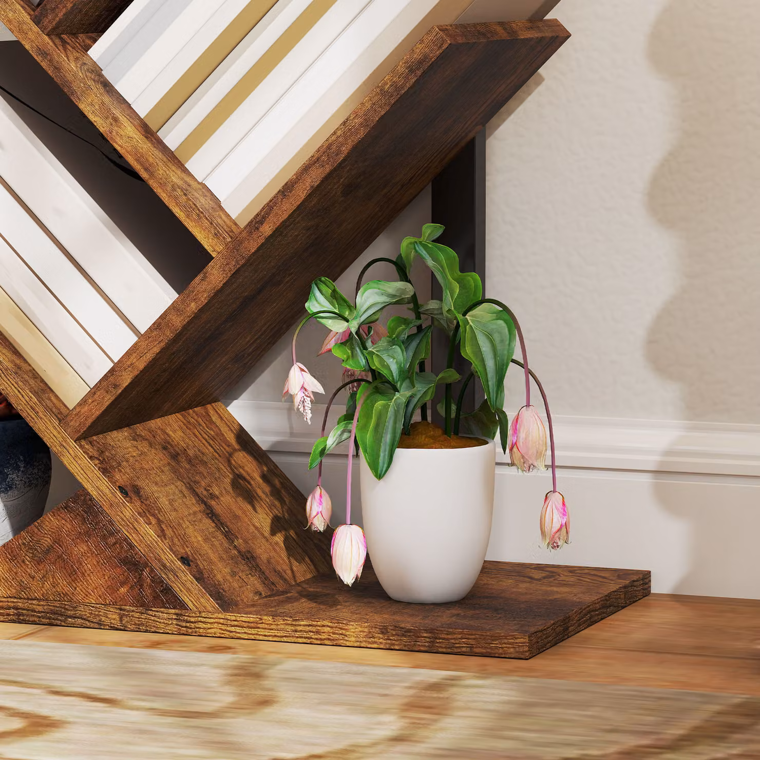 HOMCOM Four-Section Tree Bookcase in Brown Wood-Effect with Metal and Composite Ladder Design – 6