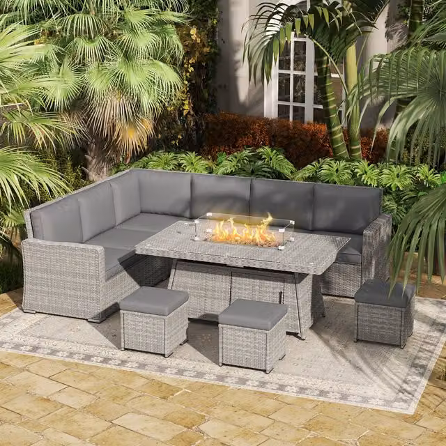 OUTSUNNY 7 Piece Grey Polyrattan Garden Furniture Set with 50,000 BTU Fire Pit Table and Upholstered Cushions