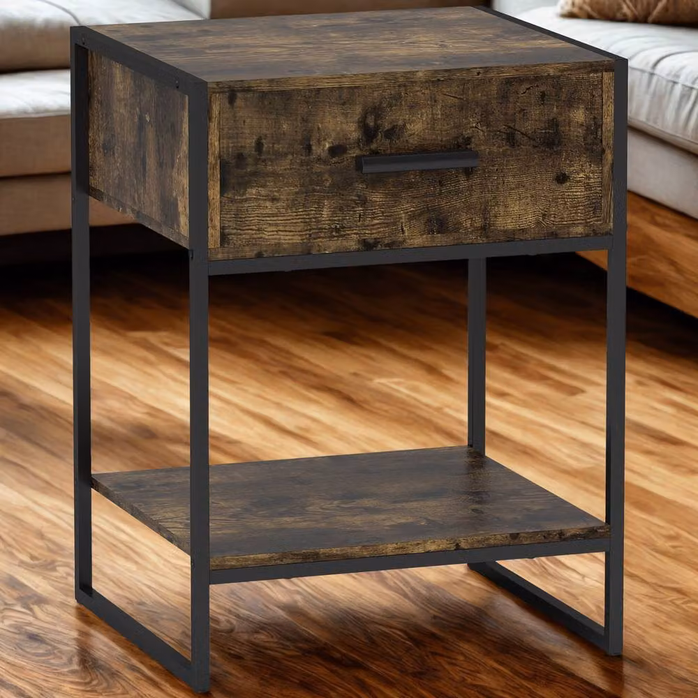 FURNOS Industrial Bedside Table with Drawer and Shelf, Brown and Black, W: 40 cm, D: 40 cm, H: 60 cm – 5