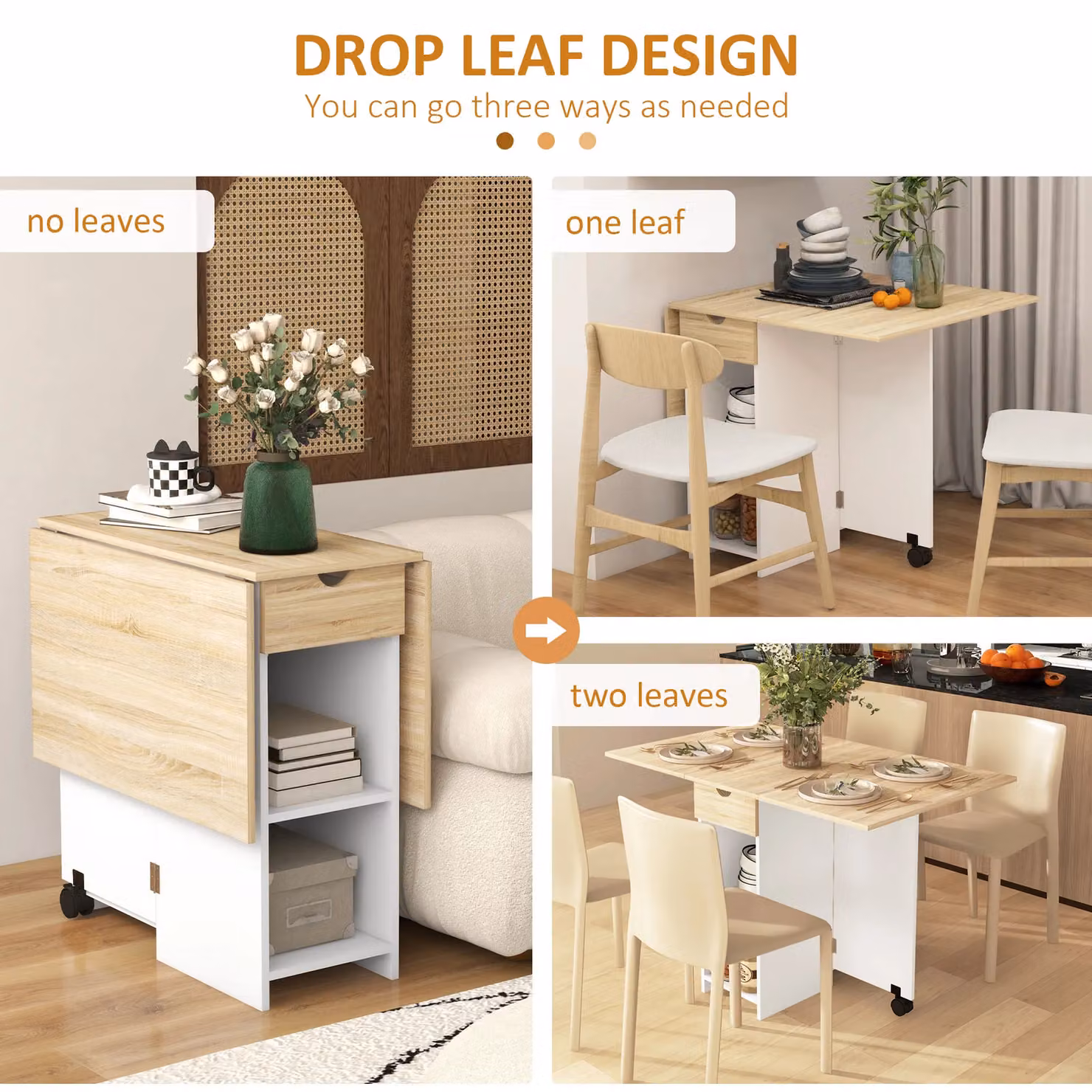 HOMCOM Foldable Drop Leaf Dining Table with Storage in White – 3