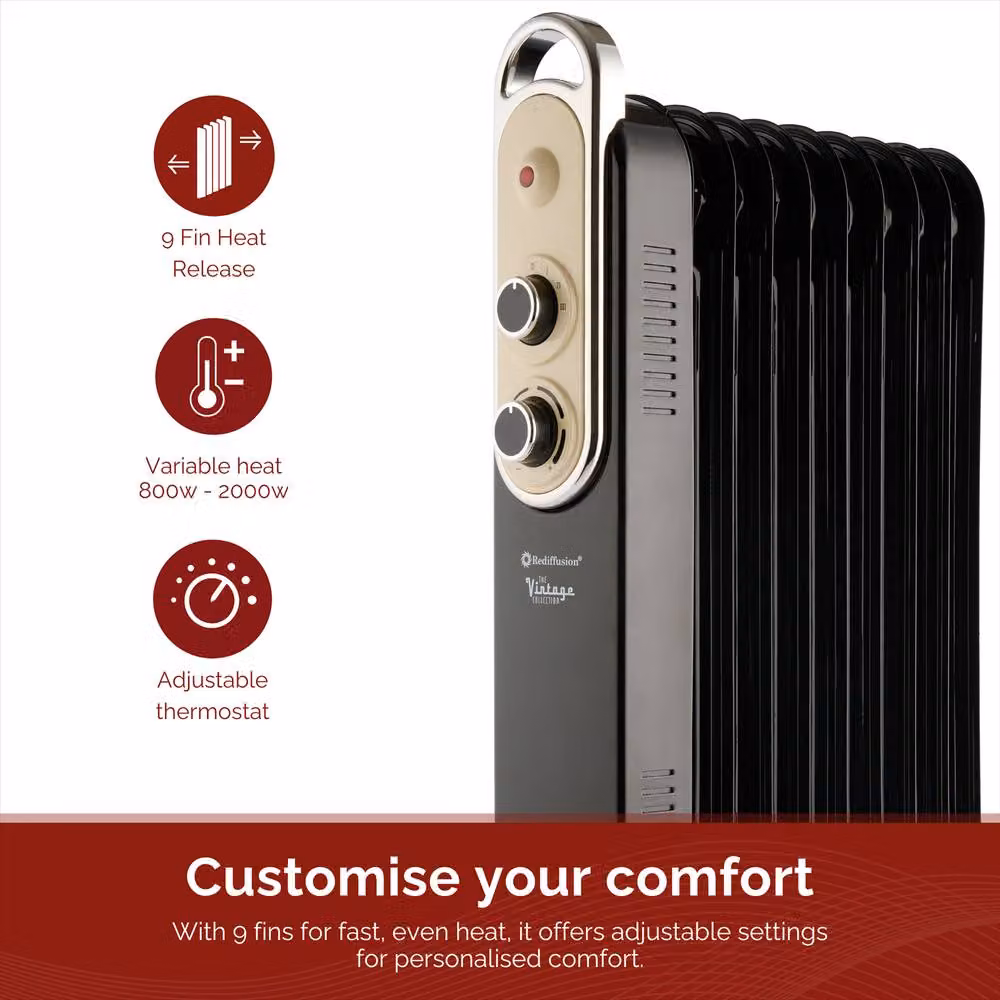 Rediffusion Vintage 9 Fin Oil Filled Radiator 2kW in Blue and Black – 5