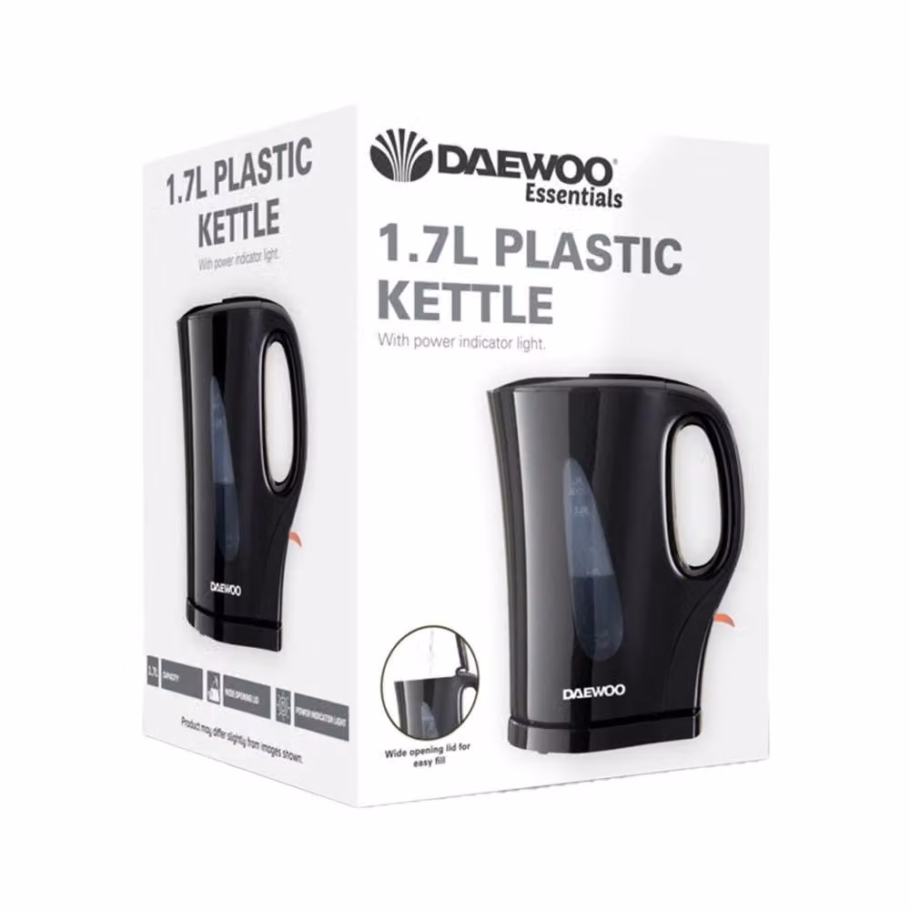 Daewoo Black Plastic Kettle with 1.7 l Capacity, Auto Shut-off and Limescale Filter – 3