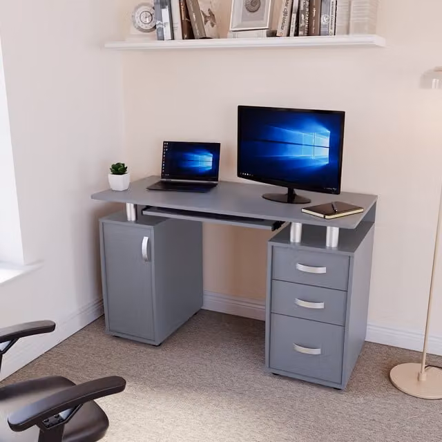 Vida Designs Otley Modern 3 Drawer Computer Desk in Grey