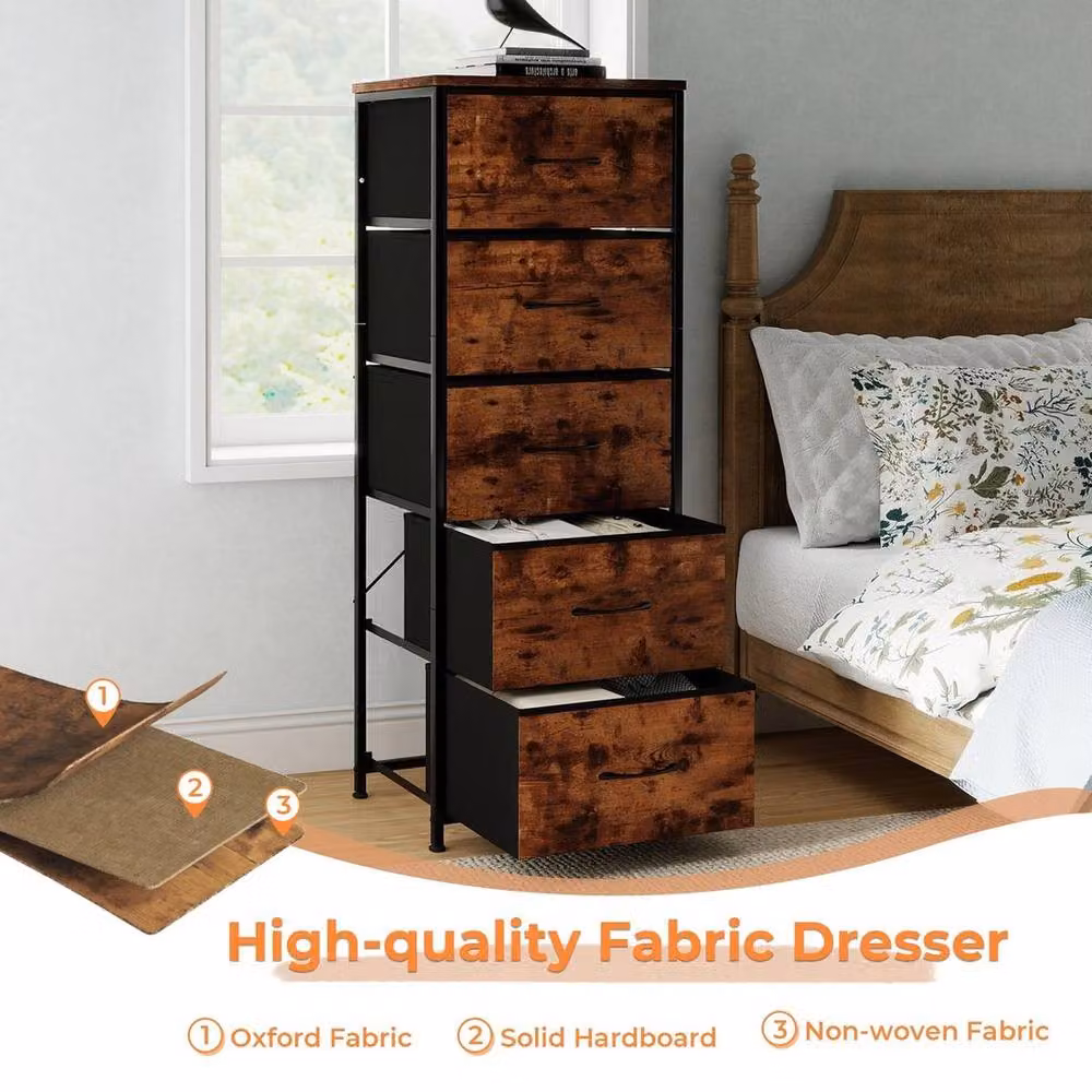Kelvenix Vintage Wood 5 Drawer Chest of Drawers Bedroom Storage Organiser in Brown W/D/H: 100 x 100 x 100 cm – 4
