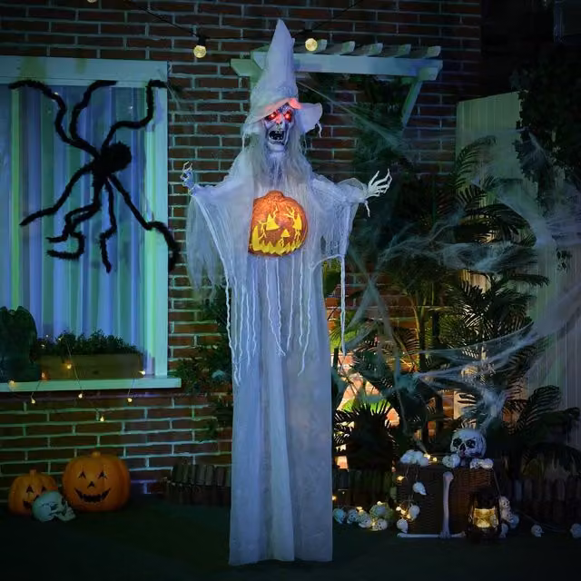 HOMCOM Hanging Witch Halloween Prop in White and Red, Height: 182.88 cm – 1