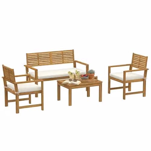 Outsunny 4 Seater Acacia Wood Garden Furniture Set with White Cushions – 1