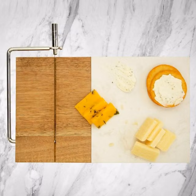 Homiu Rectangular Marble and Wood Cheese Board with Wire Cutter in Orange