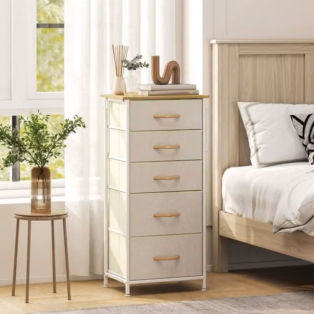 STILVORA Modern Beige Fabric and Metal Chest of Drawers with Storage