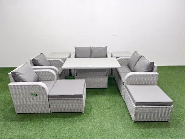 Fimous 8 Seater Rattan Garden Furniture Set in Grey with Reclining Chairs, Adjustable Lifting Table and 2 Footstools
