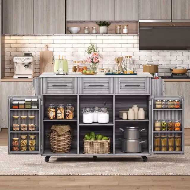 Merax Kitchen Island Trolley with Foldable Worktop and Storage Cabinet in Grey – 1