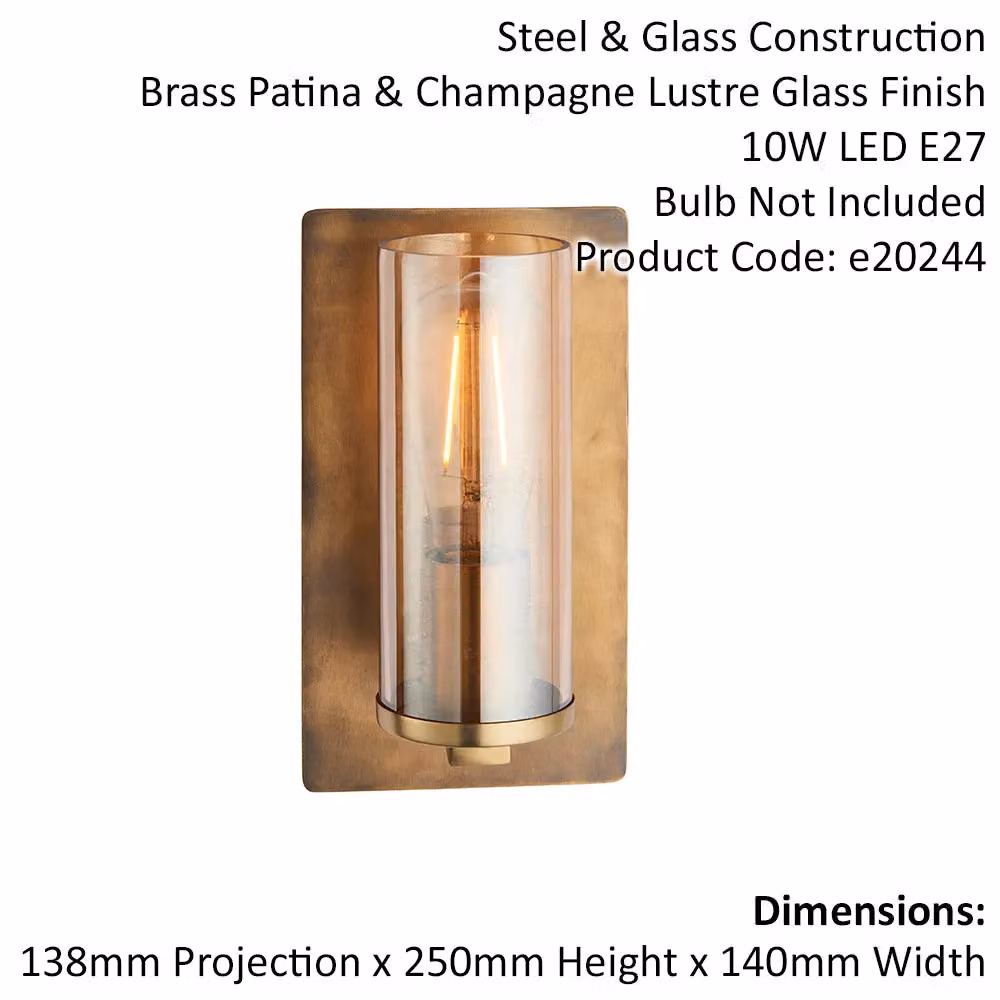 Loops 2 Pack Antique Brass Patina Wall Lamps with Transparent Champagne Glass Shades and 10W E27 LED Bulbs – 2