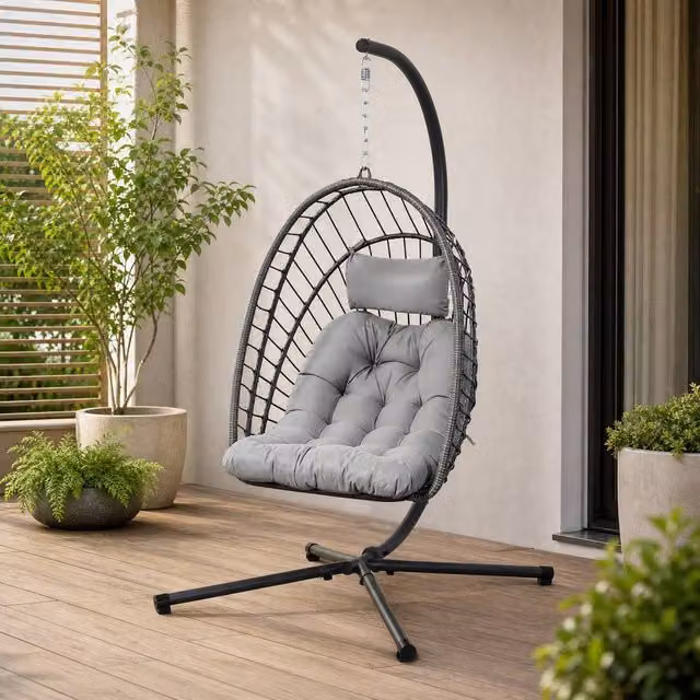 STILVORA Rattan Egg Swing Chair with Metal Frame and Cushion in Light Grey – 1