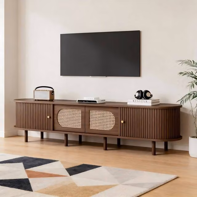 ModernLuxe Modern TV Cabinet with Rattan Design, 2 Doors and 2 Sliding Doors in Walnut Brown, W/D/H: 180 x 40 x 40 cm