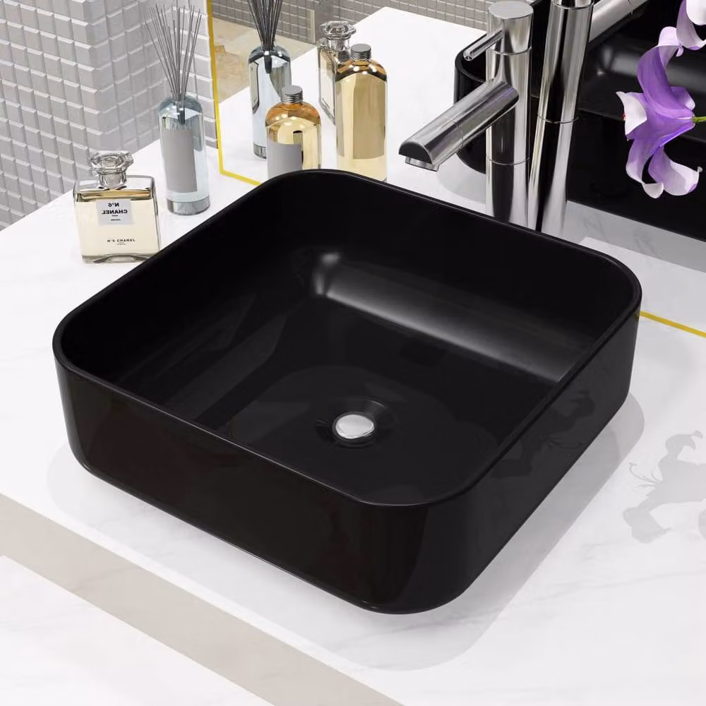 Berkfield Home Elegant Square Ceramic Countertop Basin, Black, W/D/H: 38 x 38 x 13.5 cm – 2