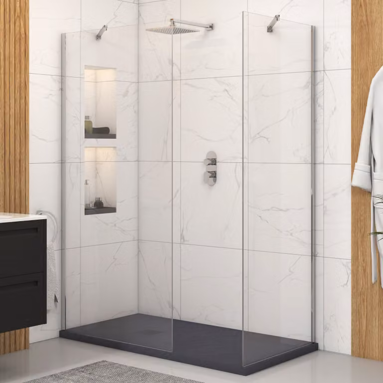 Royal Bathrooms Marbella Walk In Shower Enclosure with Grey Slate Effect Mineral Cast Stone Tray, W: 170 cm, D: 90 cm, 8 mm Easy Clean Glass