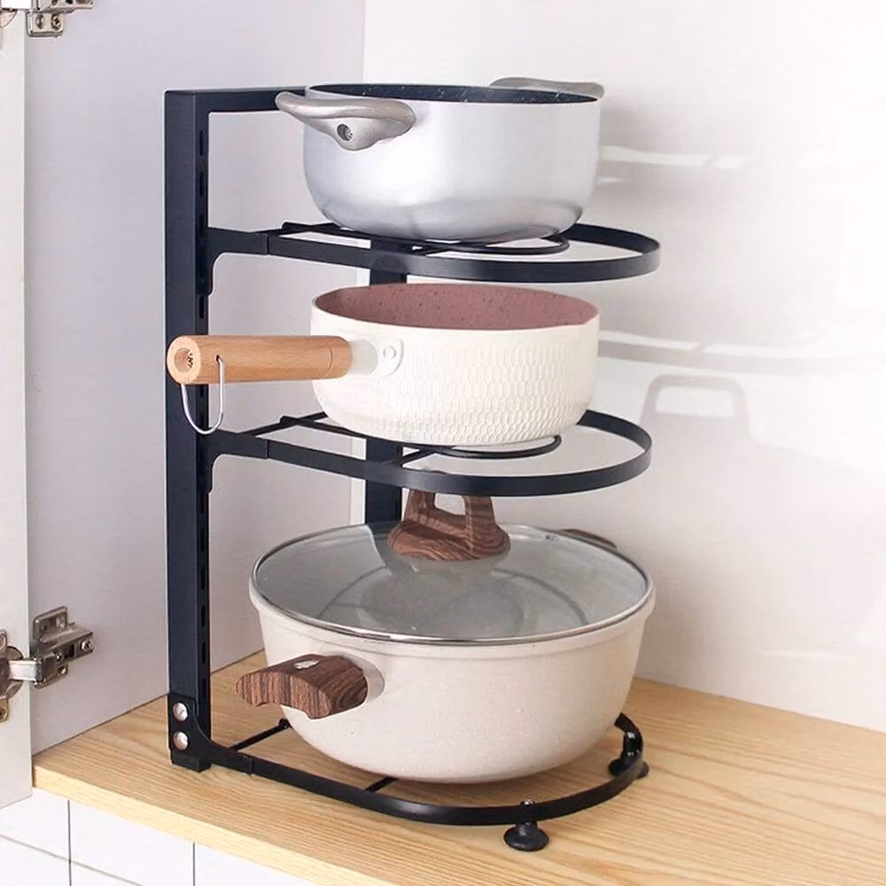 KORVIXA 3 Tier Metal Kitchen Pan and Pot Stand Rack Holder in Black, W/D/H: 100 x 100 x 100 cm – 3