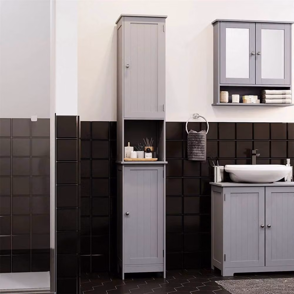 Kelvenix Modern Grey Freestanding Bathroom Tall Cabinet with Hinged Doors and Internal Shelves – 5