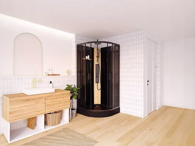 Vente-unique Quadrant Hydromassage Shower Enclosure with Bamboo Panel and Tray in Black, W/D/H: 90 x 90 x 200 cm – 1