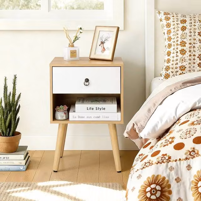 EONLION Modern White Bedside Table Cabinet in Natural Wood Finish – 1