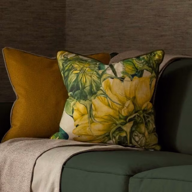 Voyage Maison Easton Floral Square Cotton Cushion in Yellow, Green and Beige, W/D/H: 50 x 50 x 50 cm