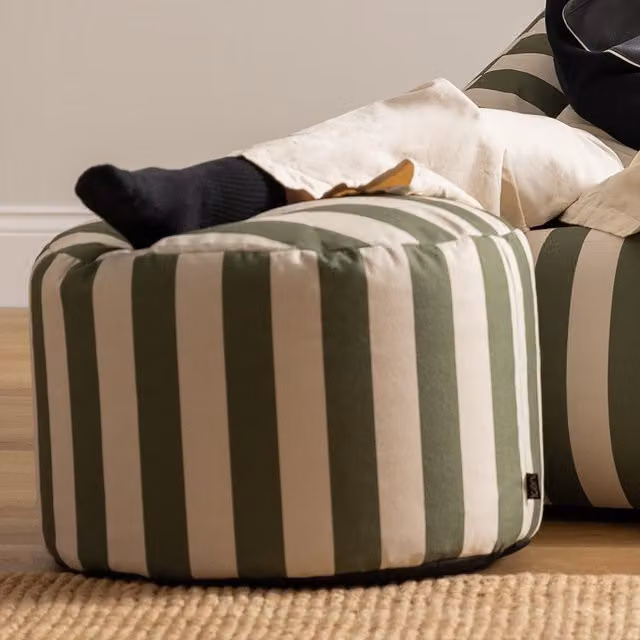 Icon Milano Stripe Soft Woven Kyoto Round Footstool Bean Bag in Olive Green