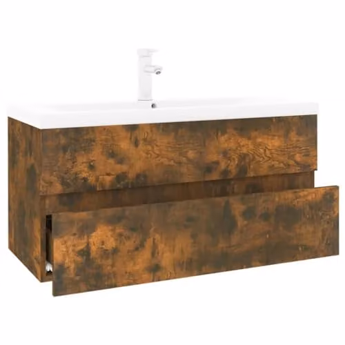vidaXL Modern Bathroom Vanity Unit with Built-in Basin Sink in Smoked Oak Brown Engineered Wood, W: 90.0 cm, H: 80.0 cm, D: 38.0 cm