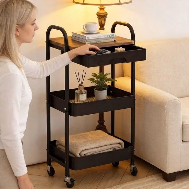 EONLION Black Metal Kitchen Island Trolley with Drawer and 200lbs Load Capacity, Width: 100 cm