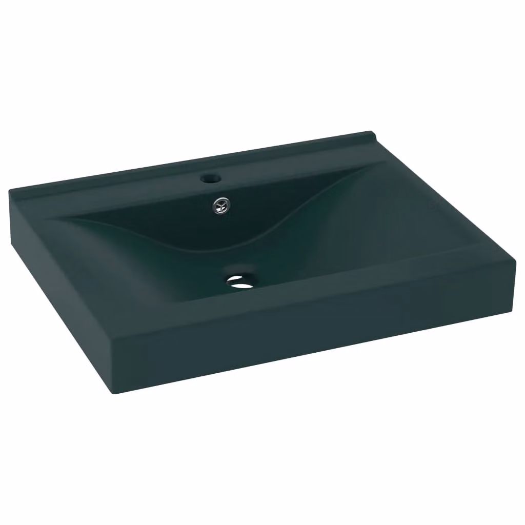 Berkfield Home Luxury Rectangular Ceramic Wall Hung Basin with Faucet Hole in Matt Dark Green, W: 60 cm, D: 46 cm, H: 16 cm – 2