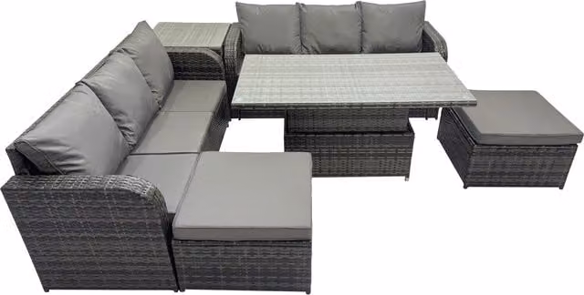 Fimous 8-Seater PE Rattan Garden Sofa Set with Adjustable Rising Table, Side Table and 2 Footstools in Dark Grey Mixed