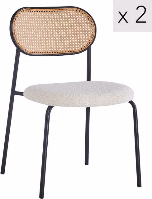 Nordlys Set of 2 Industrial Metal and Rattan Dining Chairs in White and Black with Bouclé Fabric – 1
