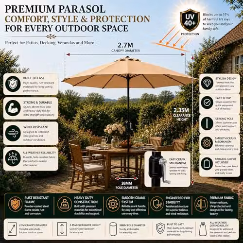 GlamHaus Garden Parasol Umbrella in Sand with UPF 40 Protection and Cover – 2