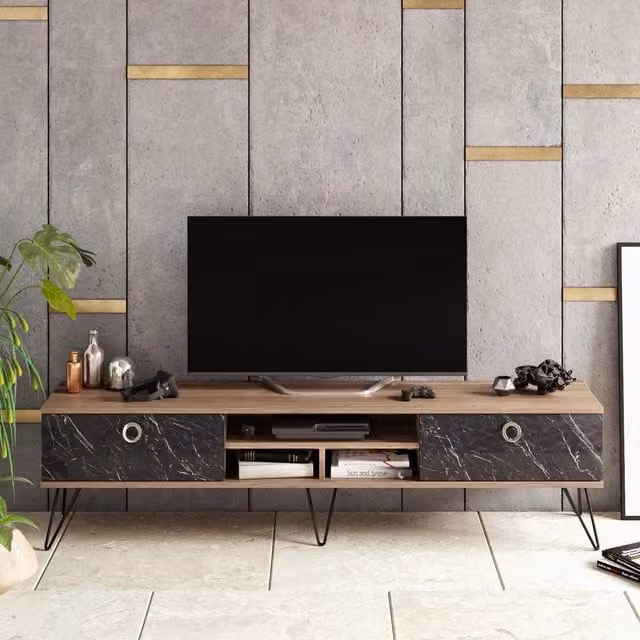 Decorotika Lorenz Modern TV Unit in Walnut and Black Marble Effect