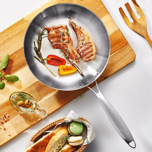 Hinsinc Stainless Steel Uncoated Frying Pan with Removable Handle, Silver, Diameter: 26 cm