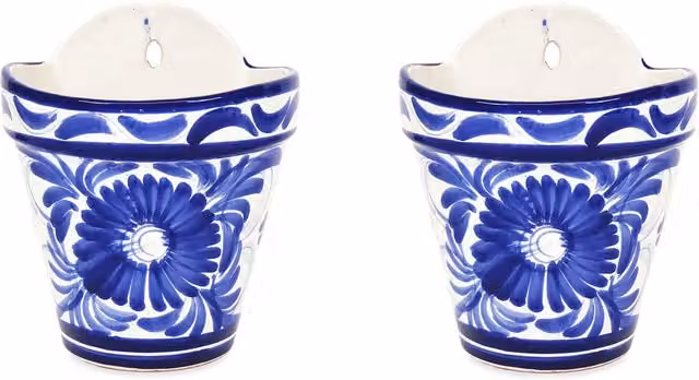 Verano Spanish Ceramics Blue Floral Hanging Planter Set