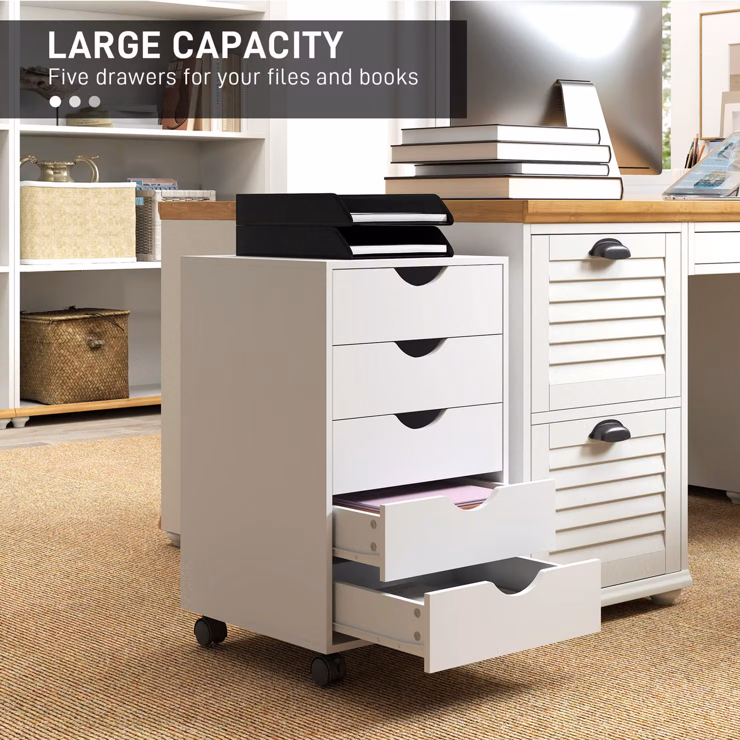 HOMCOM 5 Drawer Mobile Filing Cabinet, Modern White Vertical Office Storage Organizer with Castors – 3