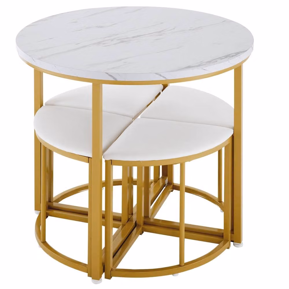 ModernLuxe 5-Piece Dining Set with Round Table and 4 Velvet Chairs in White and Gold, W/D/H: 80 x 80 x 75 cm – 2