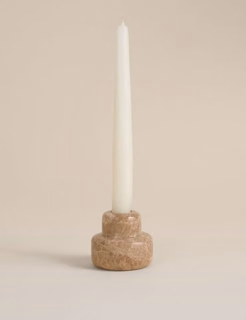 M&S Marble Hybrid Candle Holder in White and Beige Stone