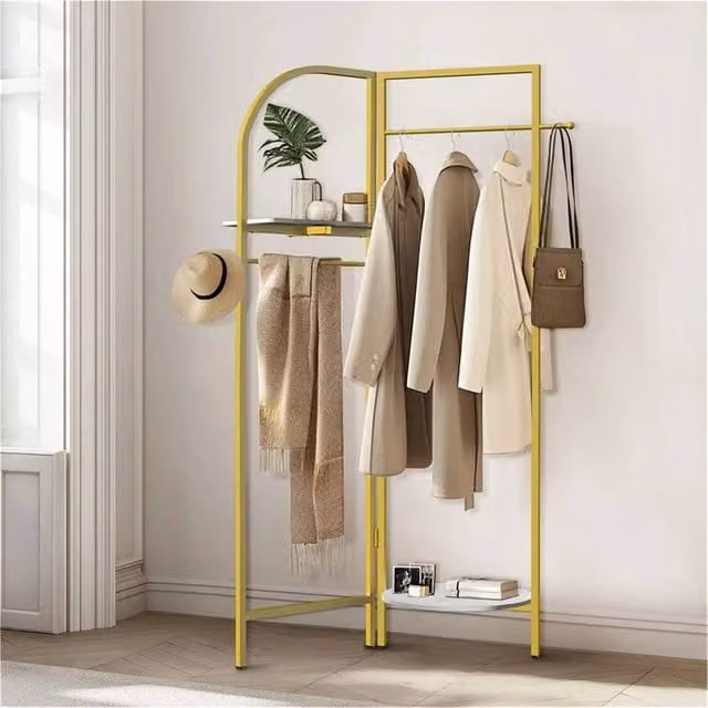 KORVIXA Gold Metal Freestanding Unfoldable Garment Rack with Dual Hook and Rail Matrix