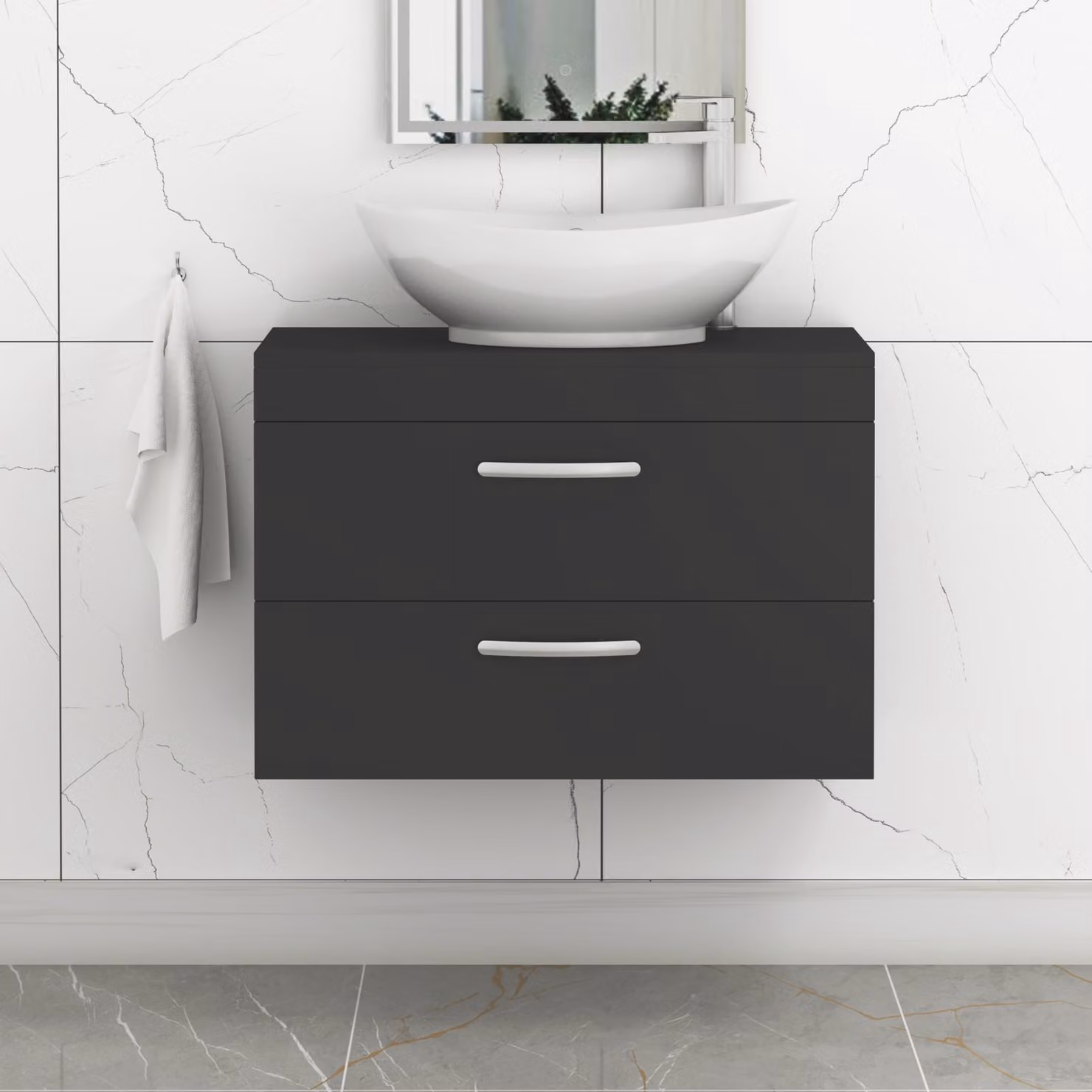 Royal Bathrooms Turin 500mm Wall Hung 2 Drawer Vanity Unit with Countertop Basin in Matte Black