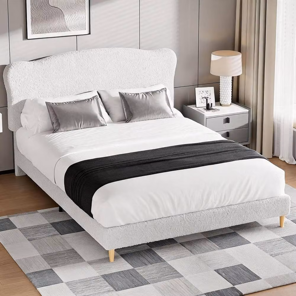 London Boutique Upholstered Double Bed Frame in Beige Bouclé with Heavy Duty Platform Design, W/D/H: 140 x 200 x 104.9 cm – 2