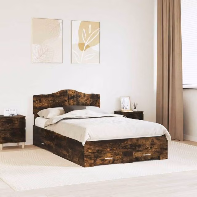 Berkfield Home Modern Bed Frame with Drawers in Smoked Oak Brown, W/D/H: 120 x 200 cm