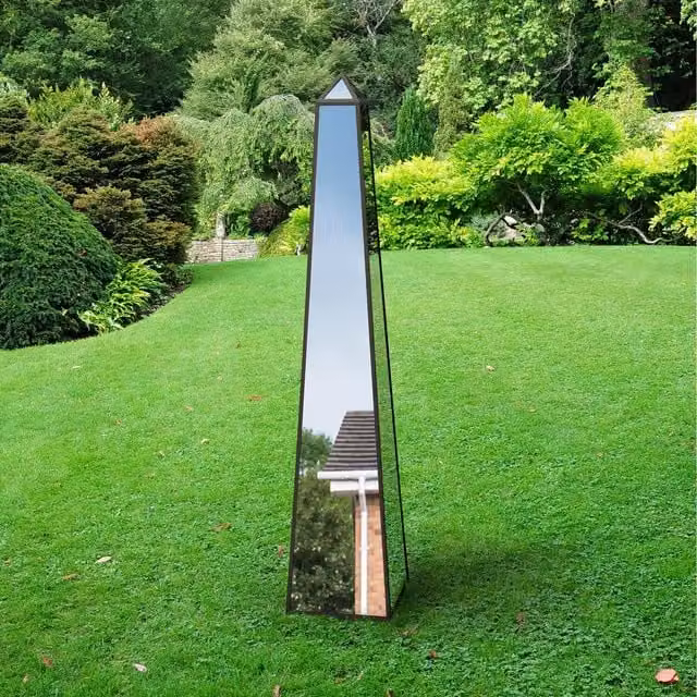MirrorOutlet Modern Black Metal Edged Mirrored Garden Obelisk Ornament, Height: 150 cm