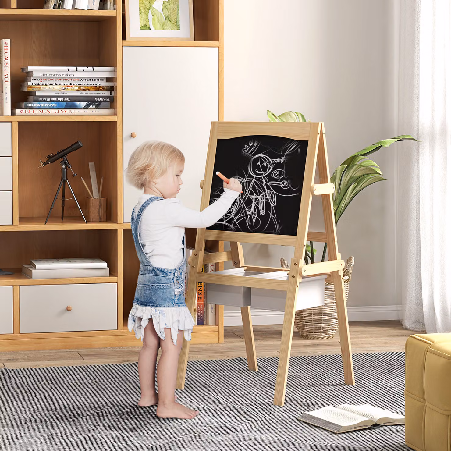 AIYAPLAY 3 in 1 Kids Art Easel with Paper Roll, Double-Sided Whiteboard and Blackboard with Storage Baskets, White – 2