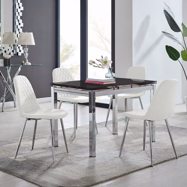 Furniturebox Enna Black Glossy Glass Extending Dining Table and 4 Corona Silver Leg Chairs in White