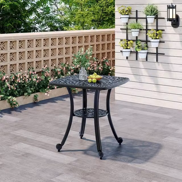 Breeins Double Layer Cast Aluminum Garden Coffee Table in Matt Black with Floral Vintage Design, Diameter: 62.5 cm
