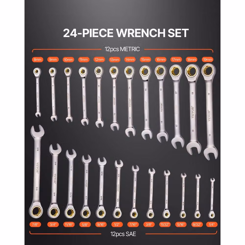VEVOR 24-Piece Combination Ratcheting Wrench Set in Silver Chrome Vanadium Steel – 4